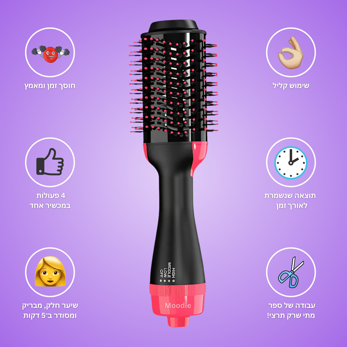™Moodie HairWave – מברשת פן חכמה להחלקה, סלסול ונפח